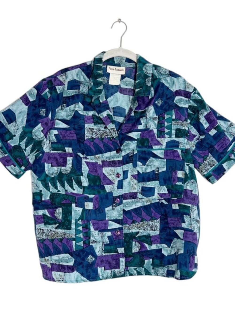 Pierre Lamonte Vintage Women's Multicolor Print Short Sleeve Blouse - Sz 12P